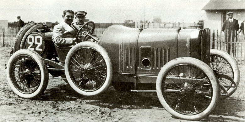 George Boillot poses in his 7.5 litre Grand prix Peugeot in 1912