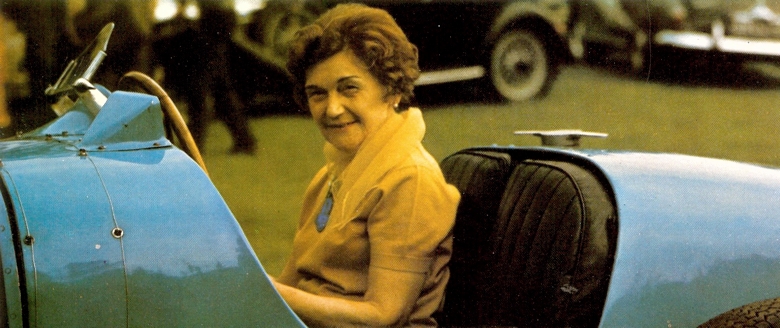 Elizabeth Junek pictured in her Bugatti during 1970