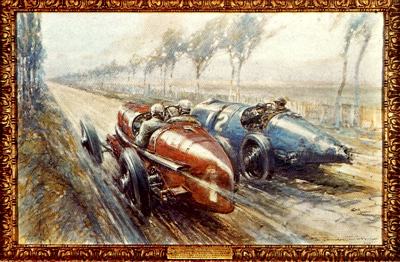 A painting by F. Gordon Crosby of Felice Nazzaro with his Fiat, passing Vizcaya's Bugatti during the 1922 Strasbourg Grand Prix