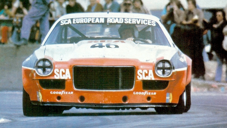 Frank Gardner in action at Silverstone in 1973, driving the giant Group 2 7.5 litre Chevrolet Camaro