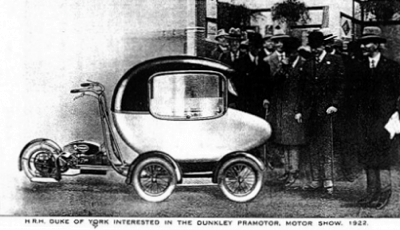 The Duke of York inspecting a Dunkley Pramotor at the 1922 London Motor Show