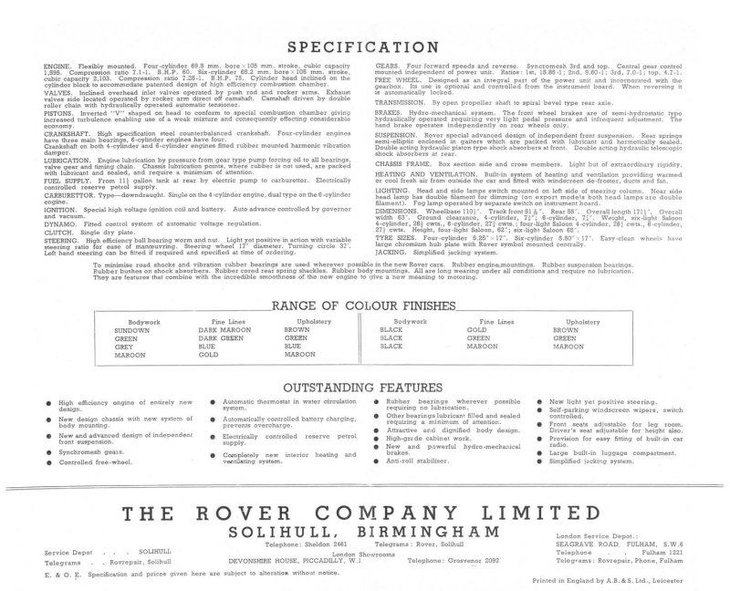 1949 Rover Specifications