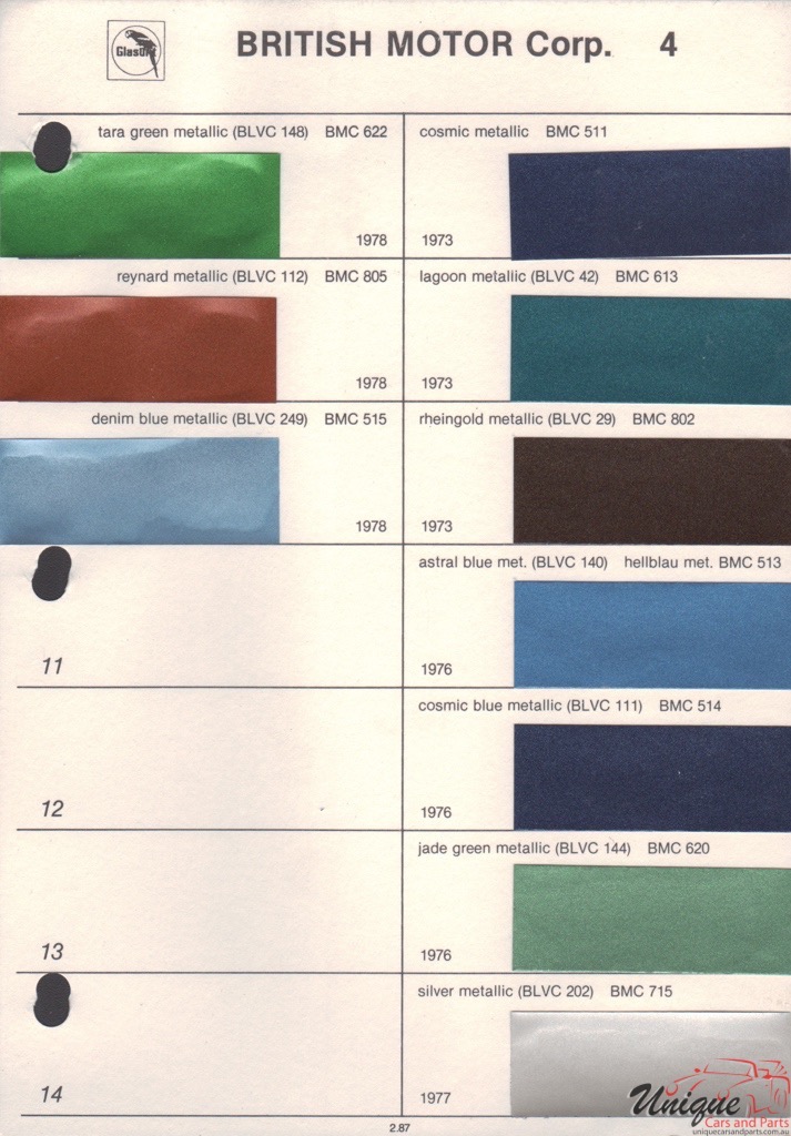 Bmc Paint Chart Color Reference - 1977 Mgb Paint Colors