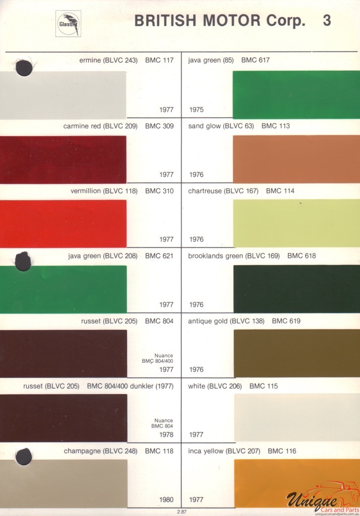 Bmc Paint Chart Color Reference - 1977 Mgb Paint Colors