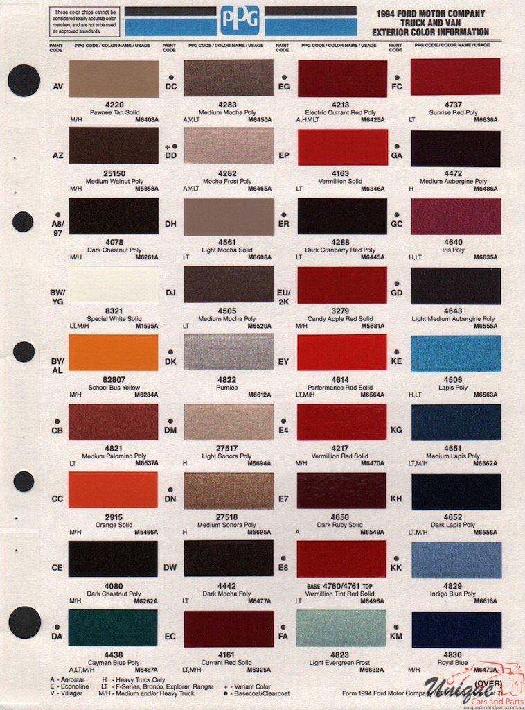 Ford Trucks Paint Chart Color Reference - Ford Paint Color Codes 1994