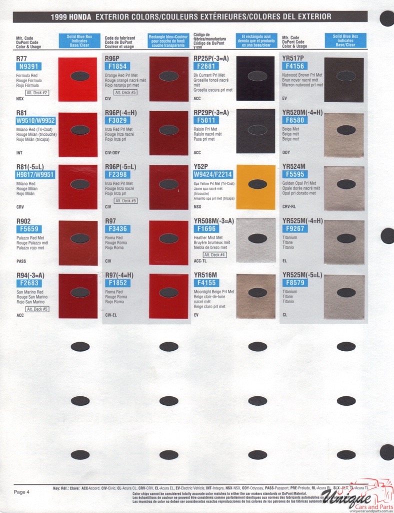 Honda Paint Color Chart