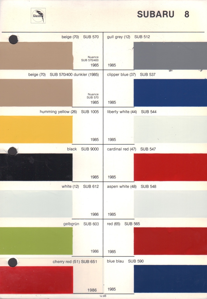 Subaru Paint Chart Color Reference - Subaru Paint Colors