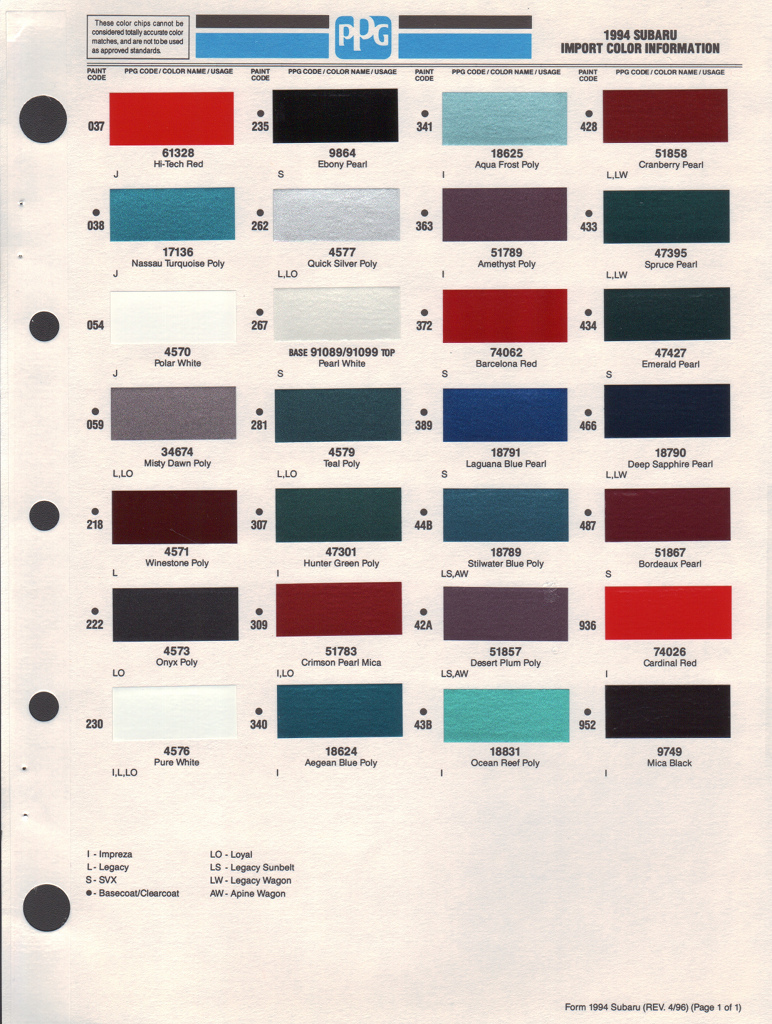 Subaru Colours Chart