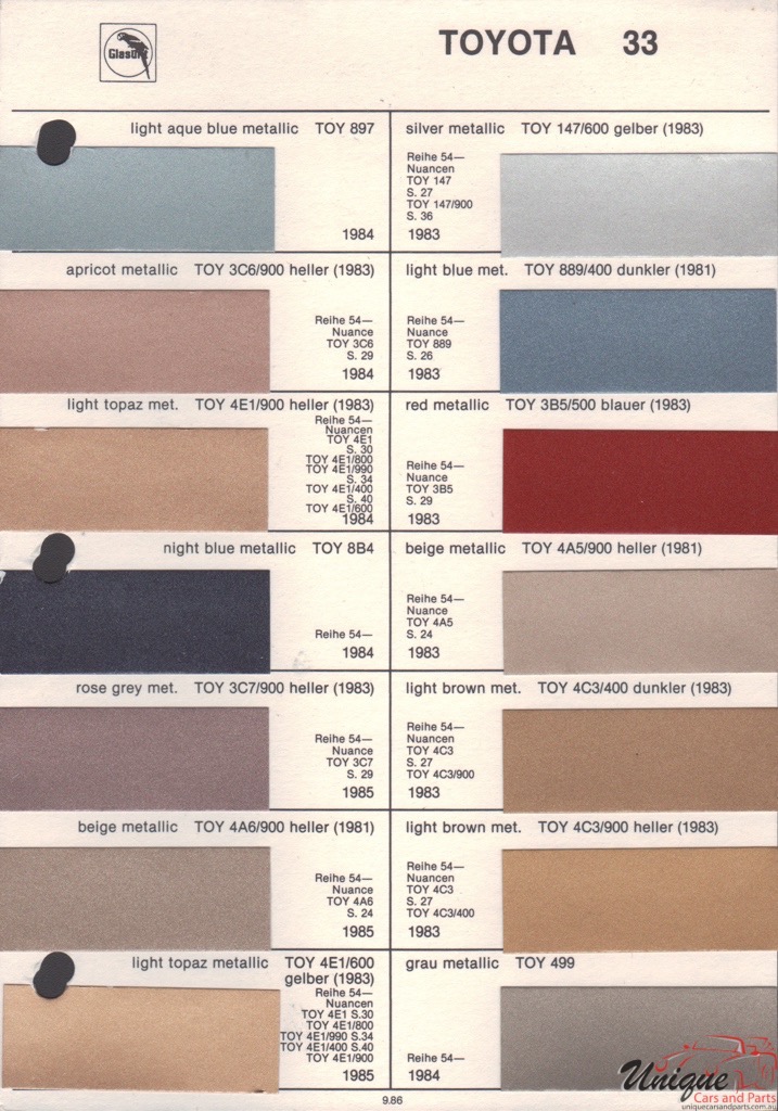 Toyota Paint Chart Color Reference - Toyota Paint Code Colors