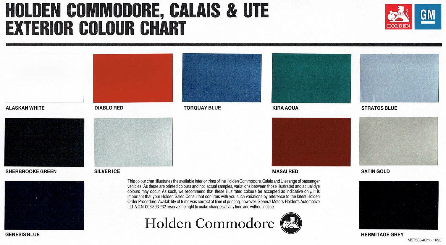 1993 Holden VR Commodore Color Card Page 2