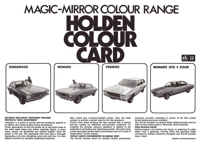 Holden HQ Colour Chart Brochure Page 1