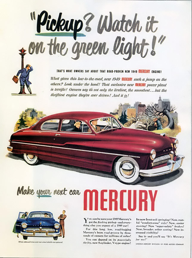 10 by 14 1949 Mercury Automobile Advertisement in full color from the Saturday Evening Post