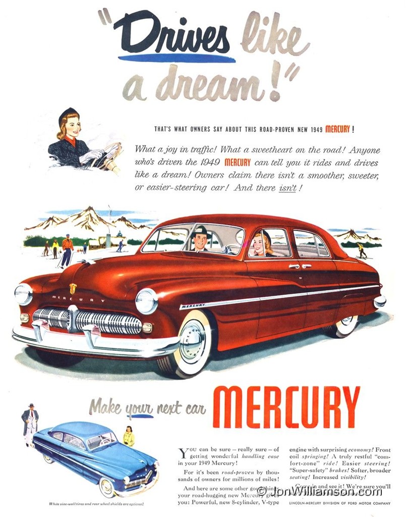 10 by 14 1949 Mercury Automobile Advertisement in full color from the Saturday Evening Post