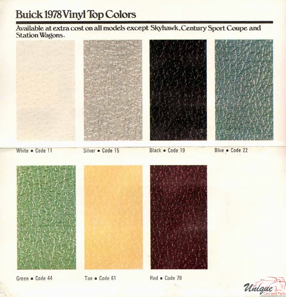 1978 Buick Full Line Factory Colors Brochure w/Paint Chips & Vinyl Top Colors 