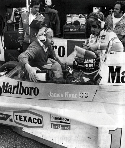 James Hunt converses through intercom with Teddy Mayer and Alistair Caldwell