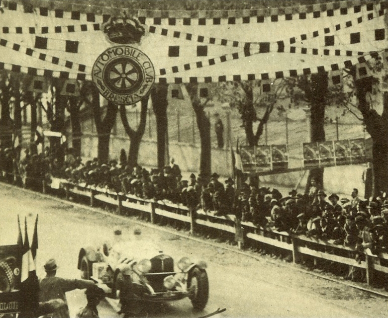 1931 Mille Miglia, with Caracciola taking the chequered flag in his Mercedes SSKL