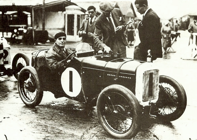 The grand old man of motor racing Sammy Davis, in the 1930 Brooklands 500 Mile-winning Austin Seven