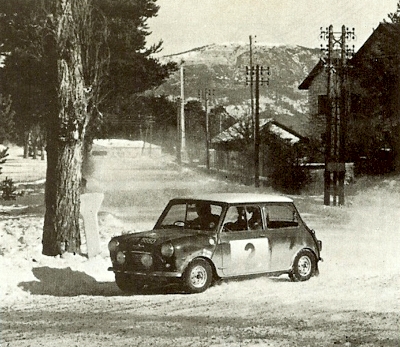 Timo Makinen in his Mini Cooper S which he drove to victory at the 1964 Monte Carlo Rally