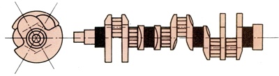 Crankshaft with six crank throws and four main bearings