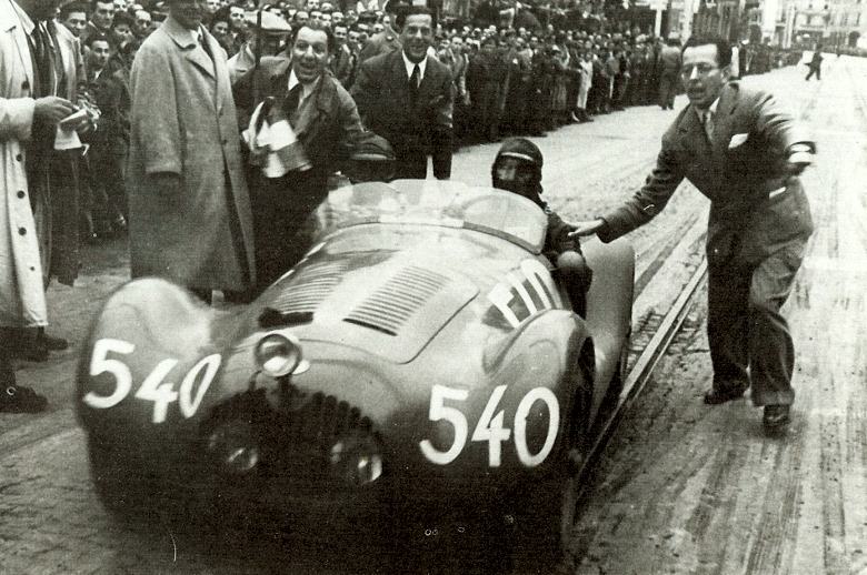 Luigi Fagioli gets an enthusiastic send off in his 1100cc OSCA during the 1950 Mille Miglia