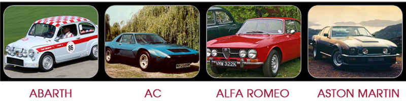 Abarth, AC, Alfa Romeo, Aston-Martin