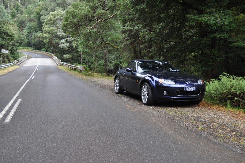 The MX-5 on the Murchison Highway at Hellyer Gorge