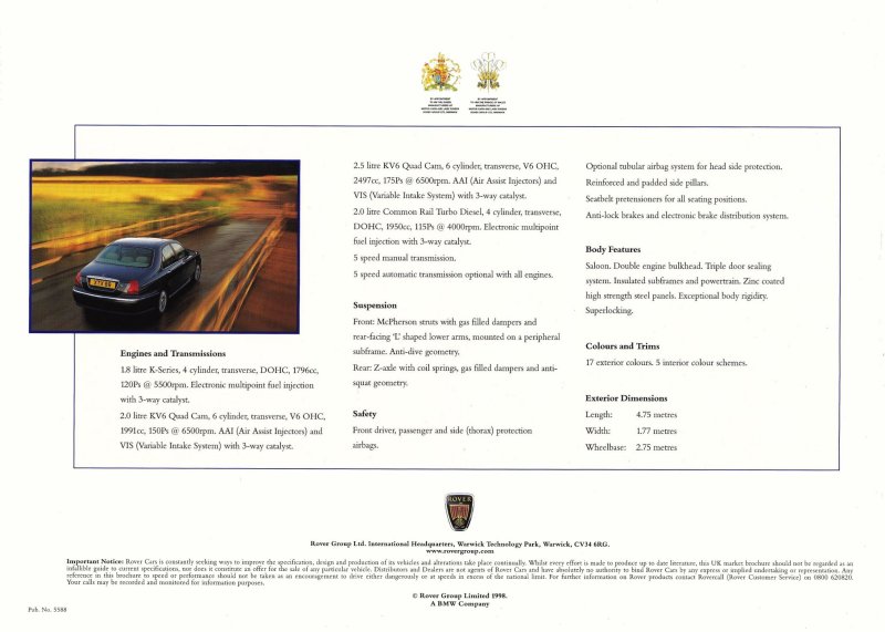 1998 Rover 75 Technical Specifications